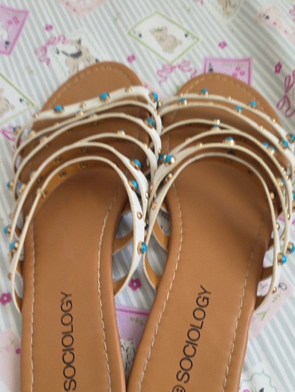 Sociology White Strappy Sandals with Turquoise Studs - Picture 5 of 6